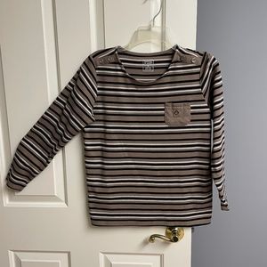 Hasting Smith Stripe Knit Blouse, Black Beige, Long Sleeve, Woman Petite…